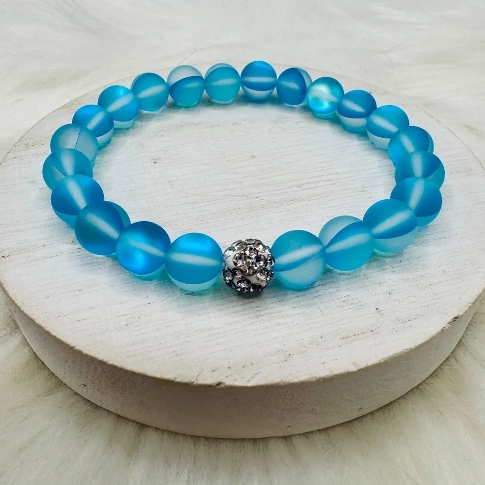 Chic Blue Matte Moonstone Beaded Bracelet w/ Rhinestone